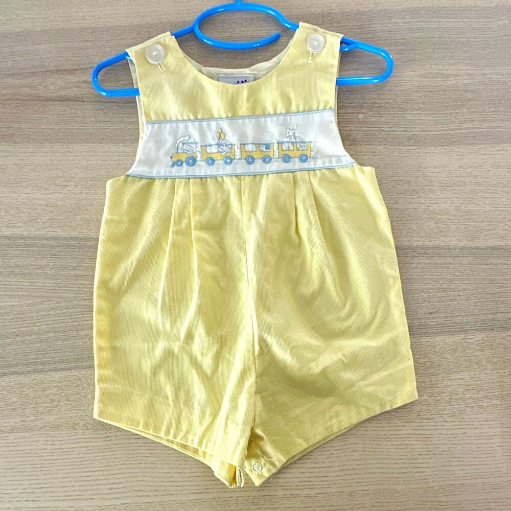 Vintage 12 months Baby Togs Yellow Sleeveless Romper One-Piece Train Button